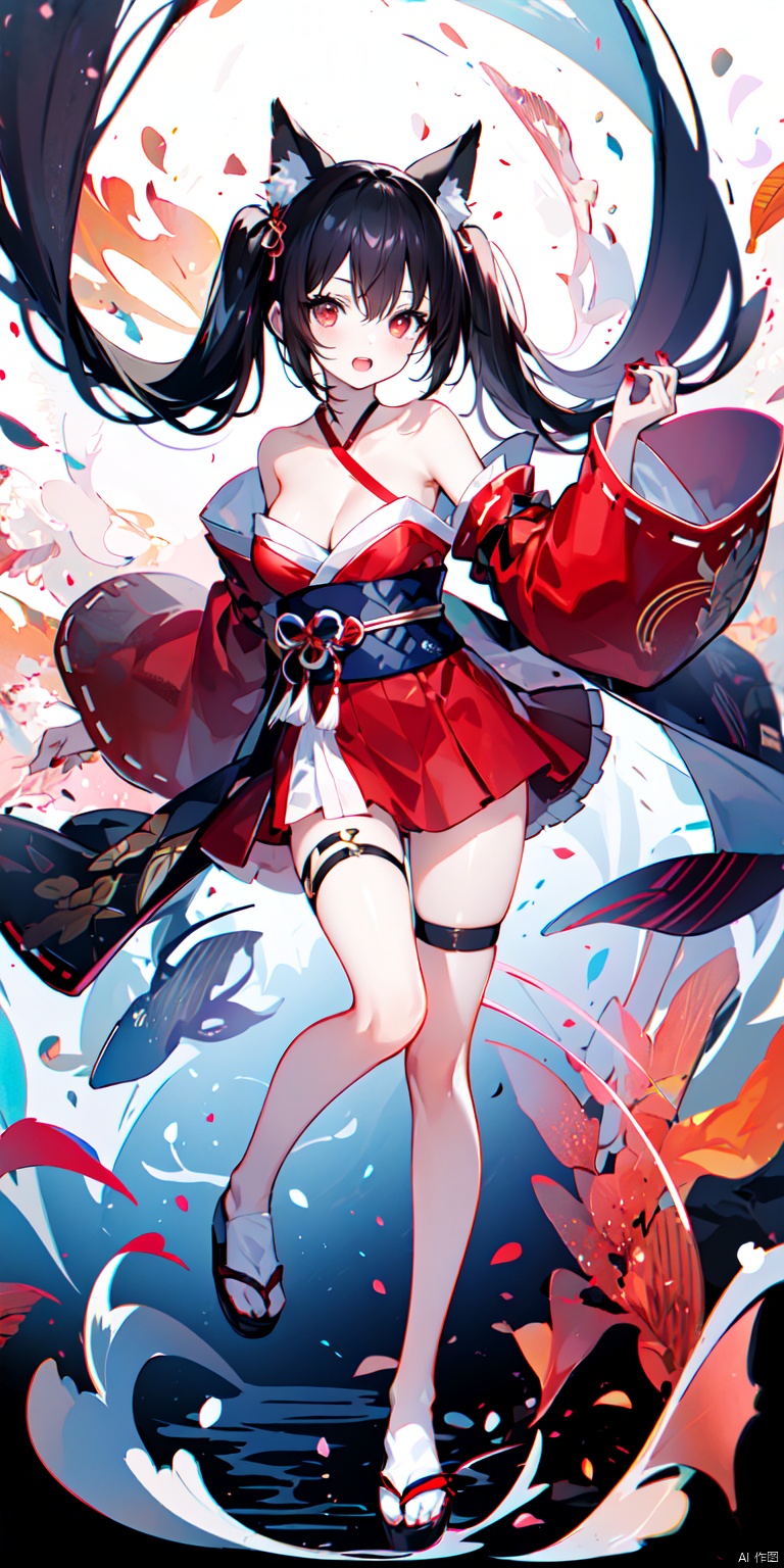 1girl, solo, long hair, breasts, looking at viewer, bangs, black hair, red eyes, long sleeves, dress, bow, holding, cleavage, hair between eyes, bare shoulders, twintails, medium breasts, very long hair, full body, detached sleeves, japanese clothes, water, sash, bare legs, thigh strap, mask, obi, red dress, pink dress, red nails, fish, string, fox mask, ripples, string of fate, holding mask