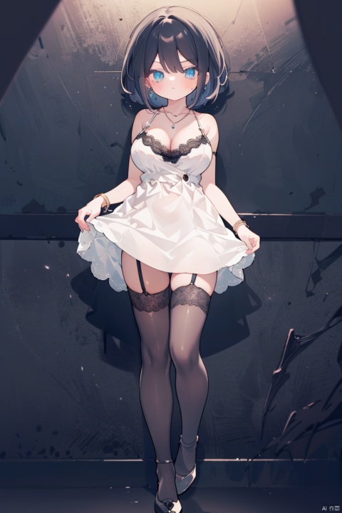 1girl, solo, breasts, looking at viewer, short hair, blue eyes, large breasts, black hair, thighhighs, dress, cleavage, bare shoulders, jewelry, standing, full body, earrings, black thighhighs, necklace, clothes lift, white dress, high heels, bracelet, garter straps, lace trim, against wall, lace-trimmed legwear