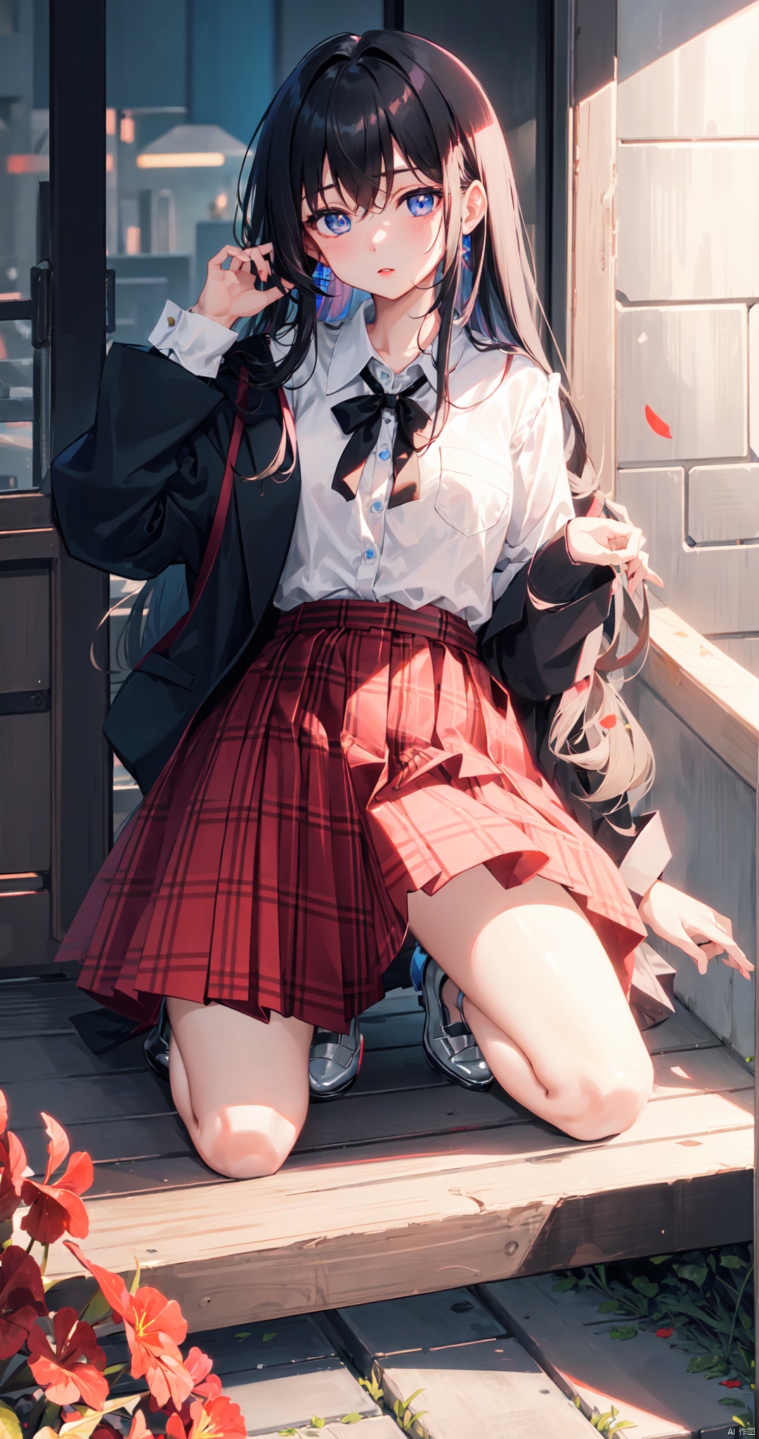 1girl, solo, long hair, looking at viewer, bangs, blue eyes, skirt, shirt, black hair, long sleeves, white shirt, flower, shoes, plaid, kneeling, plaid skirt, hand on own chest, pink footwear, red lips