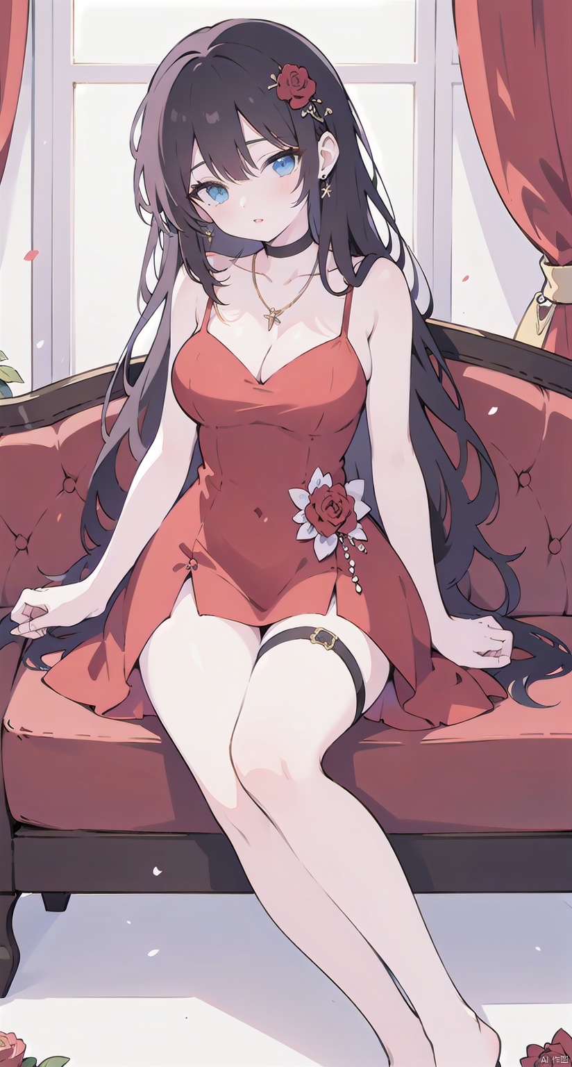 1girl, solo, long hair, breasts, looking at viewer, bangs, blue eyes, large breasts, black hair, hair ornament, dress, cleavage, bare shoulders, jewelry, sitting, collarbone, flower, parted lips, sleeveless, choker, indoors, necklace, head tilt, bare arms, bare legs, sleeveless dress, feet out of frame, rose, arm support, phone, short dress, red dress, table, curtains, red flower, couch, spaghetti strap, red choker, on couch, leaning to the side