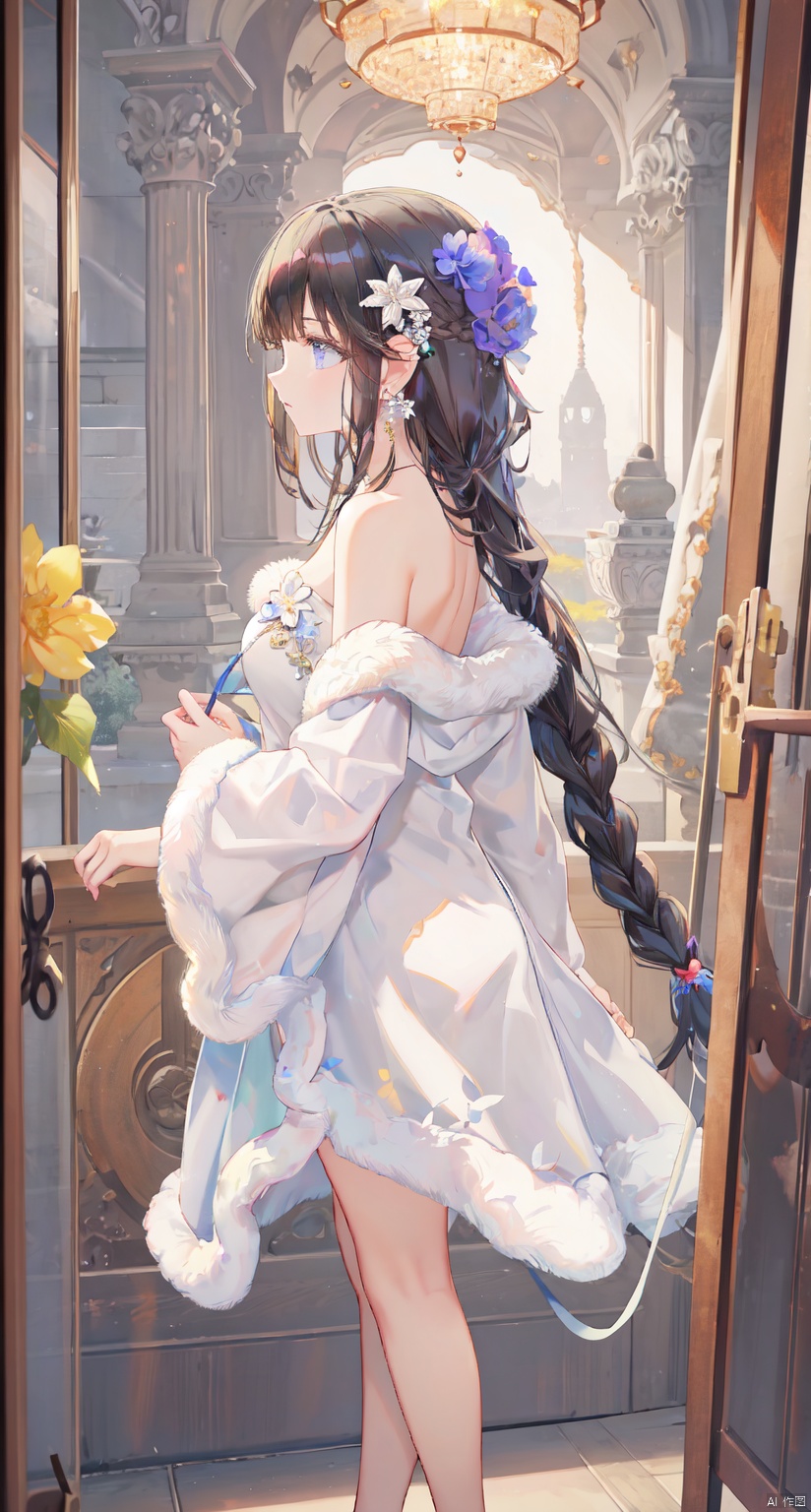 1girl, solo, long hair, bangs, blue eyes, black hair, hair ornament, dress, bare shoulders, jewelry, closed mouth, standing, braid, flower, earrings, artist name, hair flower, off shoulder, white dress, fur trim, profile, blue background, painting \(object\)