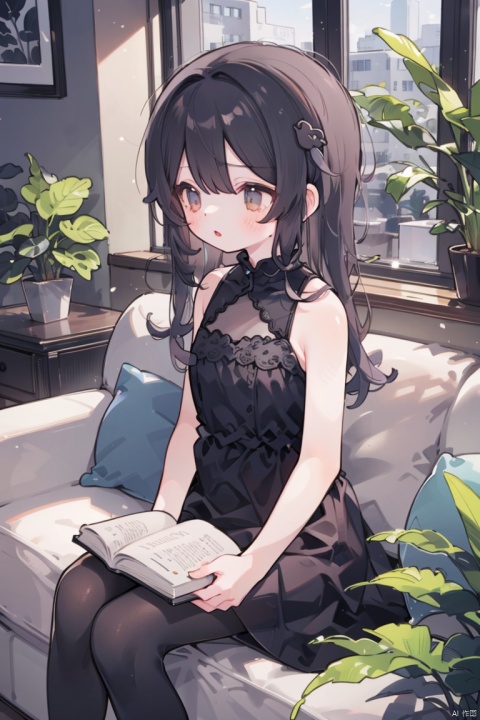 1girl, solo, long hair, breasts, bangs, black hair, hair ornament, dress, holding, bare shoulders, brown eyes, jewelry, sitting, closed mouth, pantyhose, earrings, parted lips, sleeveless, indoors, medium hair, black dress, lips, looking to the side, book, black pantyhose, bare arms, sleeveless dress, looking away, plant, couch, potted plant, on couch