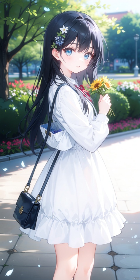 1girl, solo, long hair, looking at viewer, bangs, blue eyes, black hair, long sleeves, dress, holding, standing, flower, outdoors, bag, white dress, blurry, tree, handbag