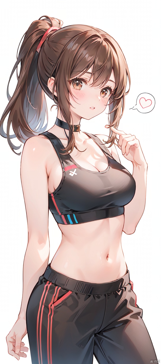  1girl, solo, breasts, brown hair, navel, cleavage, brown eyes, medium breasts, ponytail, parted lips, midriff, pants, lips, crop top, sports bra, realistic, gym