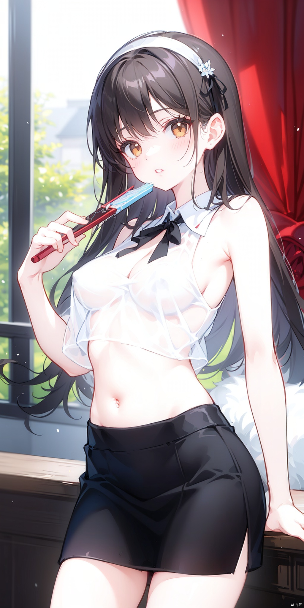 1girl, solo, long hair, breasts, looking at viewer, skirt, brown hair, black hair, navel, holding, brown eyes, cowboy shot, hairband, outdoors, parted lips, sleeveless, midriff, artist name, black skirt, lips, crop top, see-through, tattoo, hand fan, pencil skirt, folding fan, holding fan