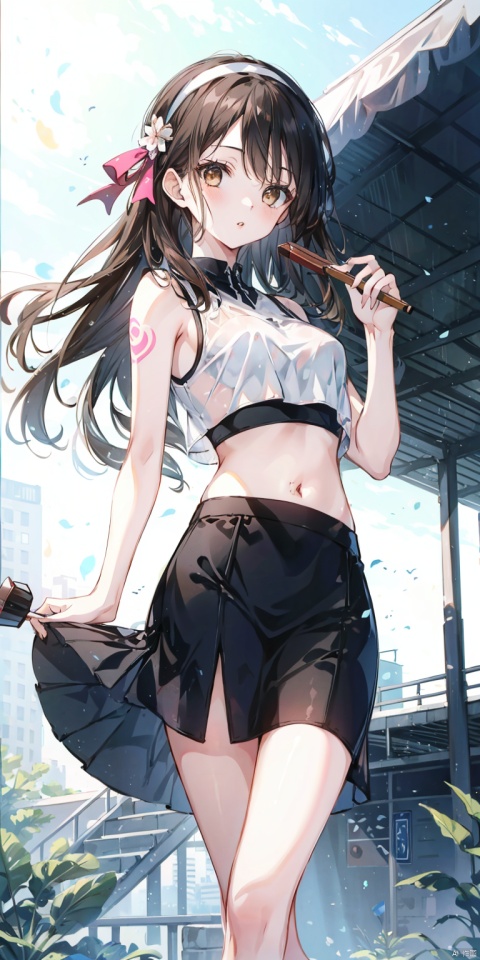 1girl, solo, long hair, breasts, looking at viewer, skirt, brown hair, black hair, navel, holding, brown eyes, cowboy shot, hairband, outdoors, parted lips, sleeveless, midriff, artist name, black skirt, lips, crop top, see-through, tattoo, hand fan, pencil skirt, folding fan, holding fan