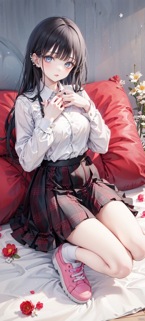 1girl, solo, long hair, looking at viewer, bangs, blue eyes, skirt, shirt, black hair, long sleeves, white shirt, flower, shoes, plaid, kneeling, plaid skirt, hand on own chest, pink footwear, red lips