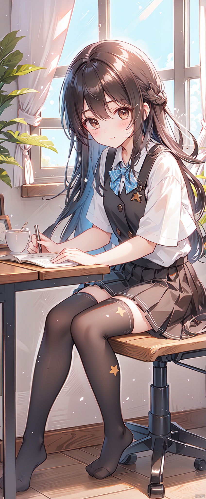 1girl, solo, long hair, looking at viewer, bangs, skirt, shirt, black hair, thighhighs, holding, brown eyes, sitting, closed mouth, school uniform, full body, white shirt, short sleeves, day, indoors, black skirt, star \(symbol\), white thighhighs, book, window, mask, chair, no shoes, stuffed toy, table, sunlight, plant, desk, knee up, brown skirt, bookshelf, potted plant, lamp, blinds