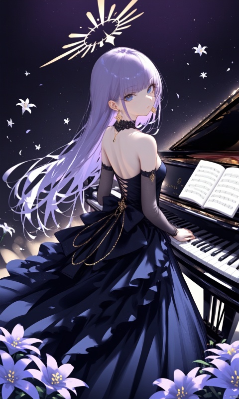 1girl, solo, looking at viewer, bangs, blue eyes, dress, bare shoulders, jewelry, purple hair, flower, earrings, detached sleeves, looking back, from behind, black dress, book, halo, piano