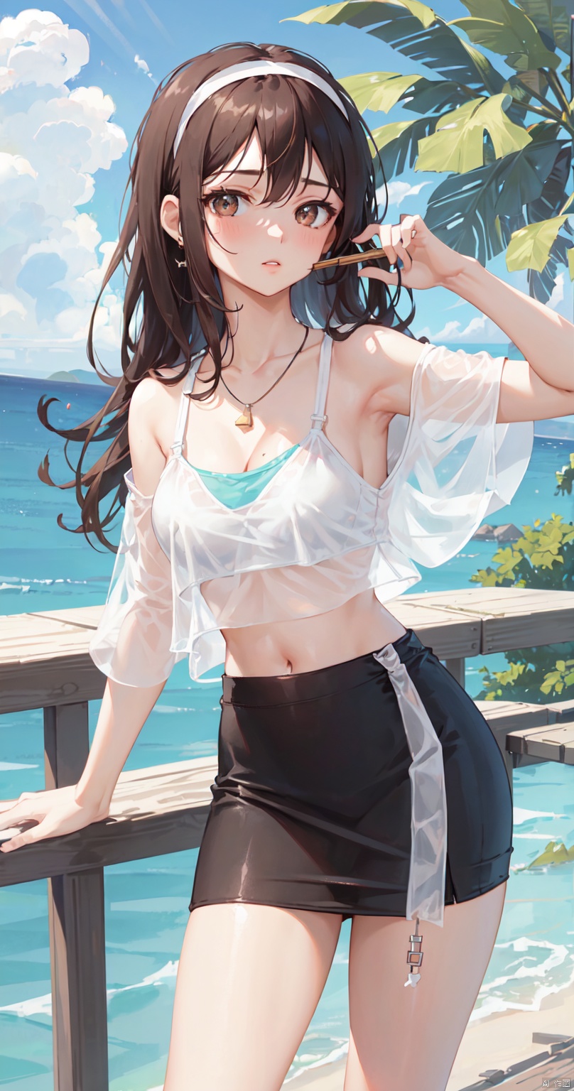  1girl, solo, long hair, breasts, looking at viewer, skirt, brown hair, black hair, navel, holding, brown eyes, cowboy shot, hairband, outdoors, parted lips, sleeveless, midriff, artist 1girl, solo, long hair, breasts, looking at viewer, blush, bangs, shirt, black hair, navel, brown eyes, jewelry, underwear, white shirt, outdoors, parted lips, sky, shorts, day, midriff, cloud, necklace, bra, lips, crop top, see-through, short shorts, ocean, watermark, ground vehicle, motor vehicle, white bra, car, see-through shirt, car interiorname, black skirt, lips, crop top, see-through, tattoo, hand fan, pencil skirt, folding fan, holding fan