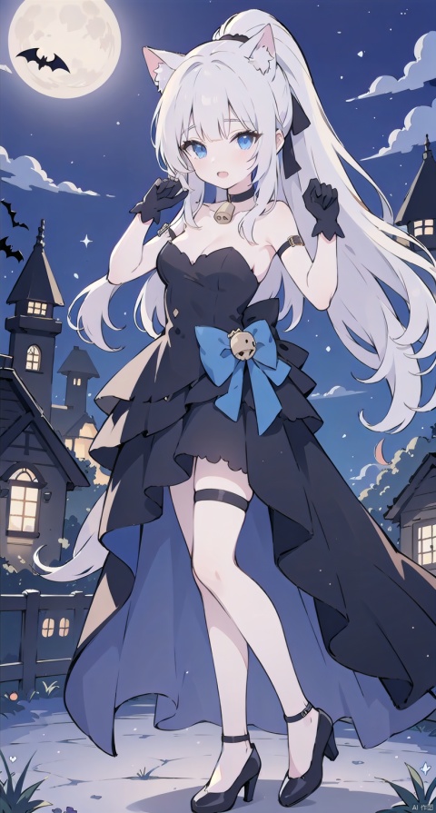 1girl, solo, long hair, breasts, looking at viewer, open mouth, bangs, blue eyes, gloves, dress, animal ears, bare shoulders, hair ribbon, ponytail, white hair, sidelocks, sky, choker, black gloves, cat ears, blunt bangs, black footwear, black dress, high heels, strapless, bell, thigh strap, night, fake animal ears, moon, night sky, neck bell, full moon, halloween, paw pose, halloween costume, bat \(animal\), kamisato ayaka