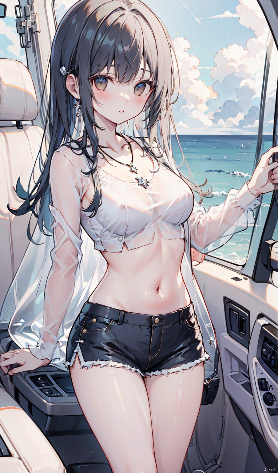 1girl, solo, long hair, breasts, looking at viewer, blush, bangs, shirt, black hair, navel, brown eyes, jewelry, underwear, white shirt, outdoors, parted lips, sky, shorts, day, midriff, cloud, necklace, bra, lips, crop top, see-through, short shorts, ocean, watermark, ground vehicle, motor vehicle, white bra, car, see-through shirt, car interior