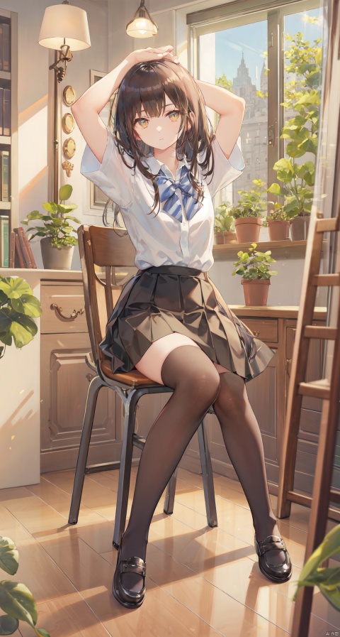 1girl, solo, long hair, looking at viewer, bangs, skirt, shirt, black hair, thighhighs, holding, brown eyes, sitting, closed mouth, school uniform, full body, white shirt, short sleeves, day, indoors, black skirt, star \(symbol\), white thighhighs, book, window, mask, chair, no shoes, stuffed toy, table, sunlight, plant, desk, knee up, brown skirt, bookshelf, potted plant, lamp, blinds