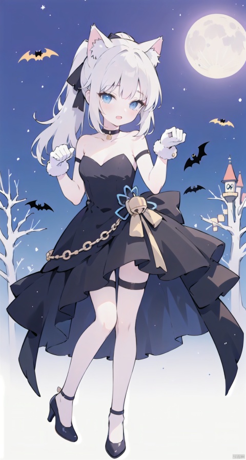 1girl, solo, long hair, breasts, looking at viewer, open mouth, bangs, blue eyes, gloves, dress, animal ears, bare shoulders, hair ribbon, ponytail, white hair, sidelocks, sky, choker, black gloves, cat ears, blunt bangs, black footwear, black dress, high heels, strapless, bell, thigh strap, night, fake animal ears, moon, night sky, neck bell, full moon, halloween, paw pose, halloween costume, bat \(animal\), kamisato ayaka