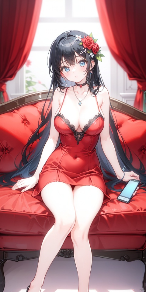 1girl, solo, long hair, breasts, looking at viewer, bangs, blue eyes, large breasts, black hair, hair ornament, dress, cleavage, bare shoulders, jewelry, sitting, collarbone, flower, parted lips, sleeveless, choker, indoors, necklace, head tilt, bare arms, bare legs, sleeveless dress, feet out of frame, rose, arm support, phone, short dress, red dress, table, curtains, red flower, couch, spaghetti strap, red choker, on couch, leaning to the side