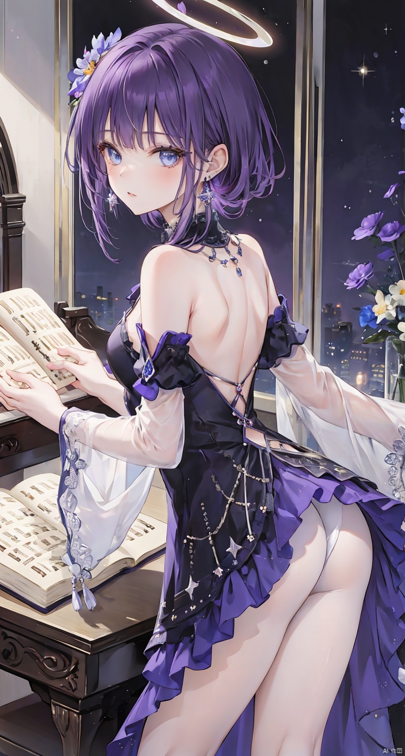 1girl, solo, looking at viewer, bangs, blue eyes, dress, bare shoulders, jewelry, purple hair, flower, earrings, detached sleeves, looking back, from behind, black dress, book, halo, piano