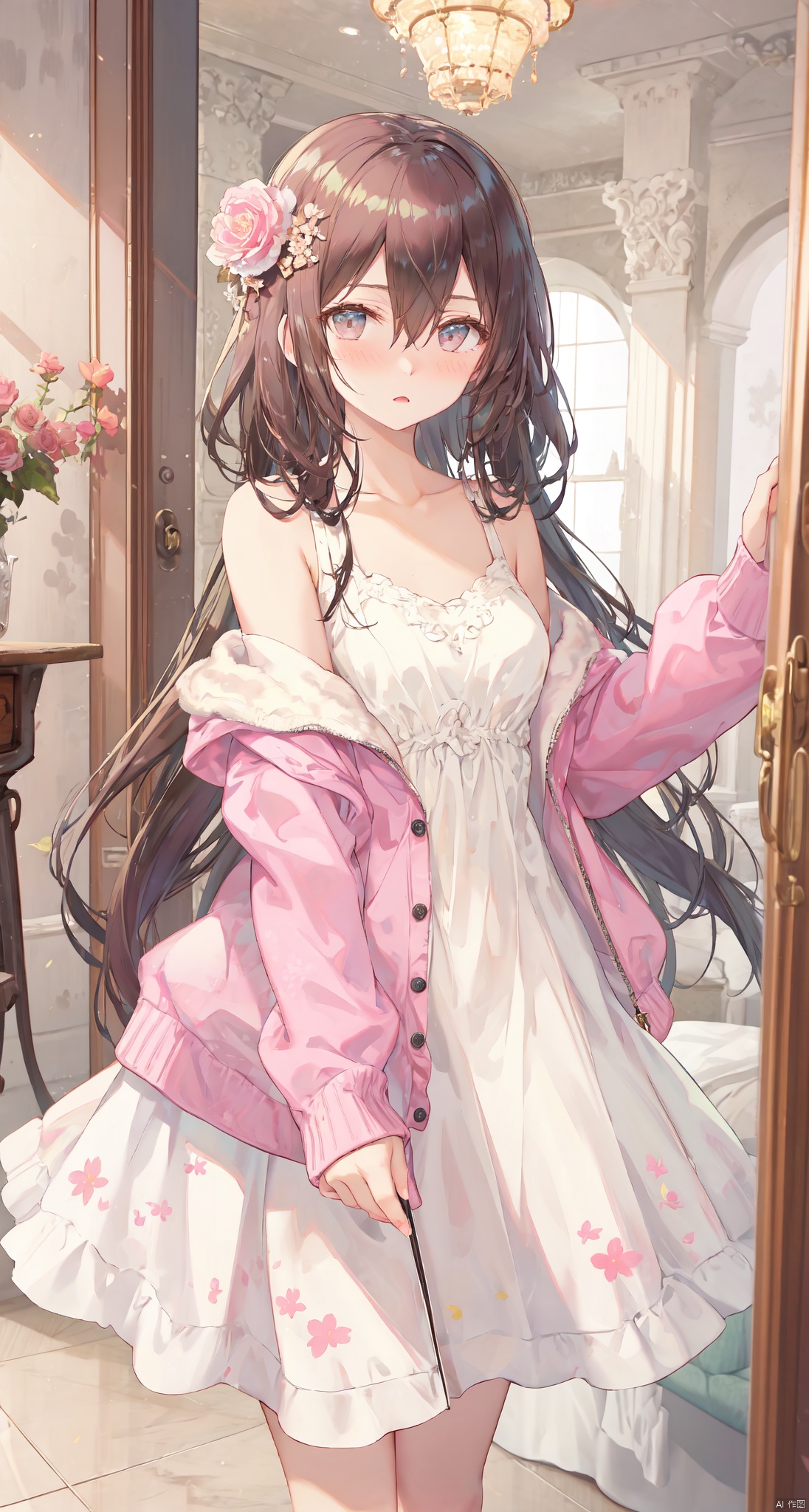 1girl, solo, long hair, breasts, looking at viewer, blush, bangs, long sleeves, dress, hair between eyes, bare shoulders, medium breasts, closed mouth, standing, collarbone, jacket, cowboy shot, open clothes, sleeveless, indoors, hand up, off shoulder, white dress, open jacket, sleeveless dress, floral print, cardigan, pink jacket