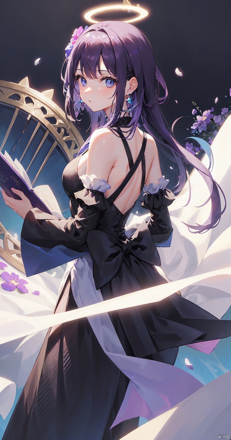 1girl, solo, looking at viewer, bangs, blue eyes, dress, bare shoulders, jewelry, purple hair, flower, earrings, detached sleeves, looking back, from behind, black dress, book, halo, piano