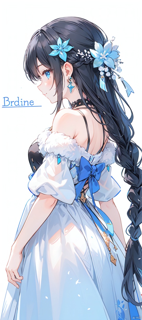 1girl, solo, long hair, bangs, blue eyes, black hair, hair ornament, dress, bare shoulders, jewelry, closed mouth, standing, braid, flower, earrings, artist name, hair flower, off shoulder, white dress, fur trim, profile, blue background, painting \(object\)