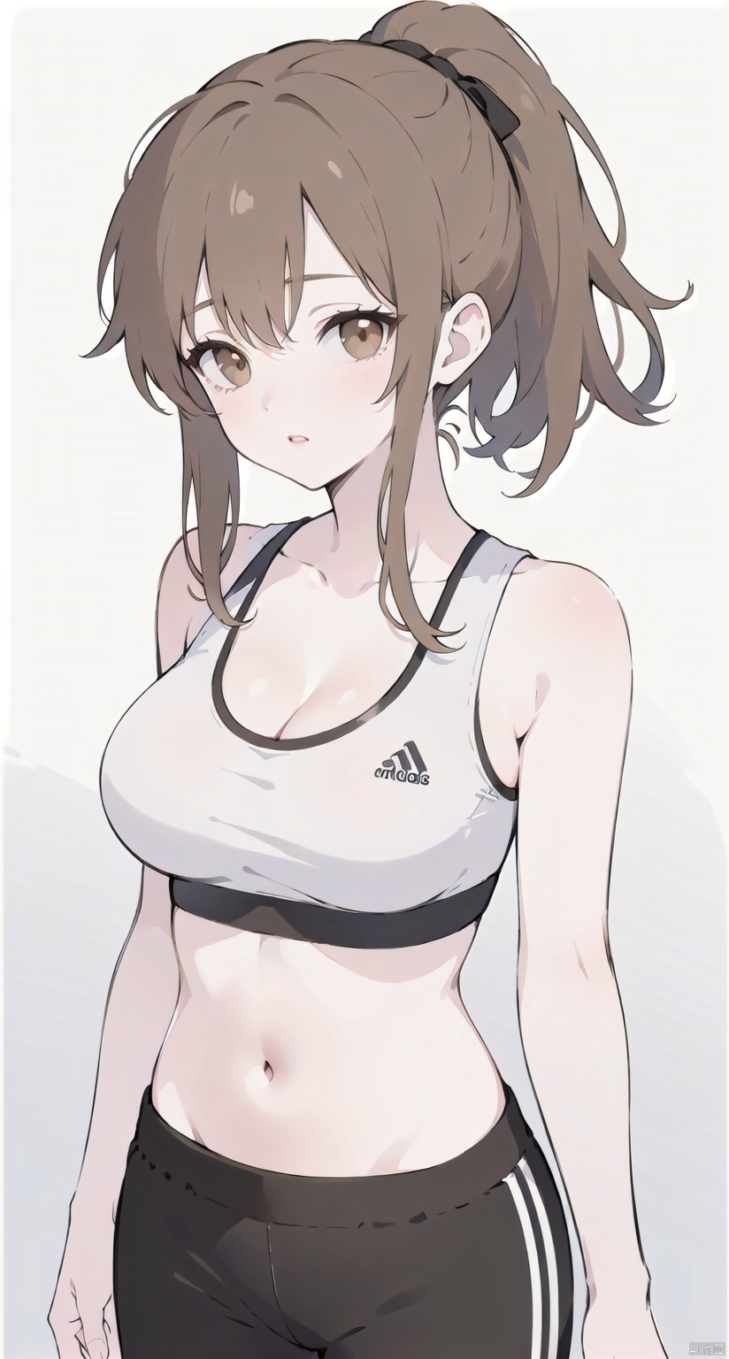  1girl, solo, breasts, brown hair, navel, cleavage, brown eyes, medium breasts, ponytail, parted lips, midriff, pants, lips, crop top, sports bra, realistic, gym