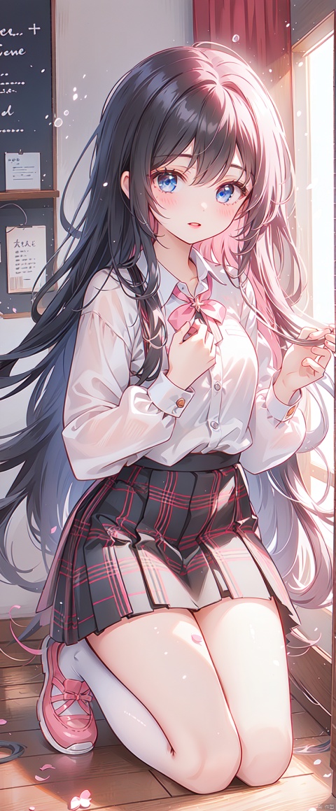 1girl, solo, long hair, looking at viewer, bangs, blue eyes, skirt, shirt, black hair, long sleeves, white shirt, flower, shoes, plaid, kneeling, plaid skirt, hand on own chest, pink footwear, red lips