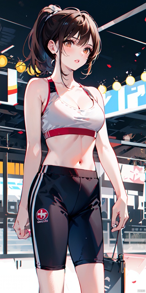  1girl, solo, breasts, brown hair, navel, cleavage, brown eyes, medium breasts, ponytail, parted lips, midriff, pants, lips, crop top, sports bra, realistic, gym
