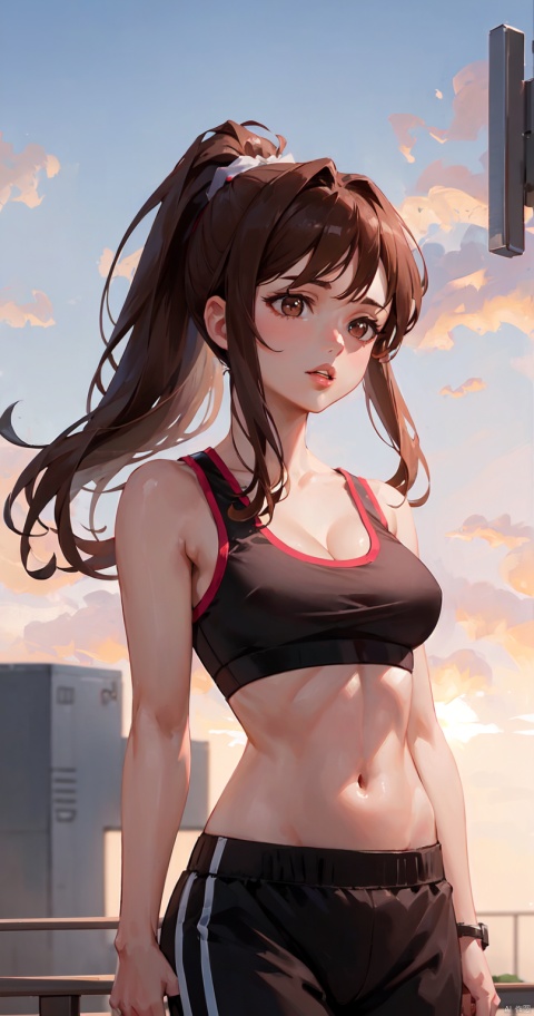  1girl, solo, breasts, brown hair, navel, cleavage, brown eyes, medium breasts, ponytail, parted lips, midriff, pants, lips, crop top, sports bra, realistic, gym