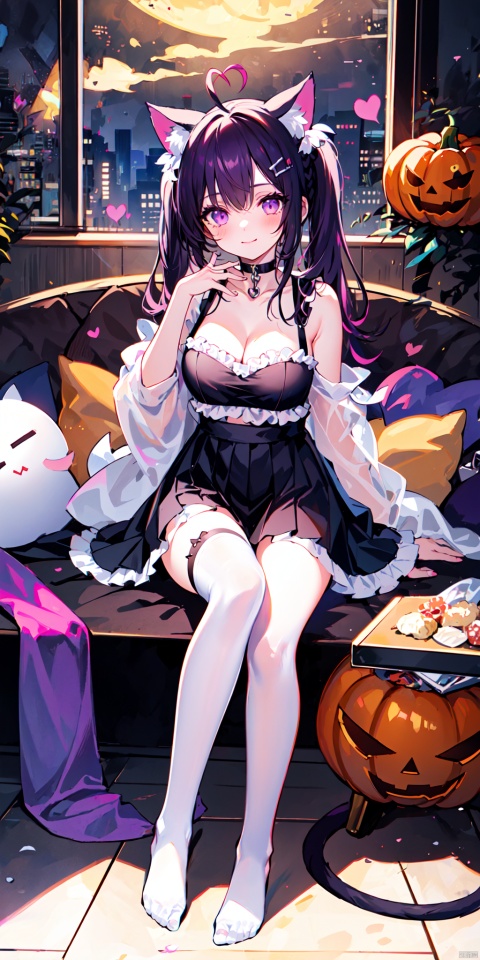 1girl, solo, long hair, breasts, looking at viewer, blush, smile, bangs, skirt, large breasts, hair ornament, thighhighs, animal ears, cleavage, bare shoulders, twintails, medium breasts, sitting, very long hair, closed mouth, purple eyes, tail, purple hair, braid, ahoge, heart, thighs, frills, detached sleeves, wings, choker, black thighhighs, indoors, virtual youtuber, cat ears, black skirt, feet, cat tail, animal ear fluff, see-through, pillow, torn clothes, window, toes, night, low twintails, black choker, no shoes, soles, moon, cat, crossed legs, cat girl, single thighhigh, night sky, full moon, halloween, demon wings, ghost, jack-o'-lantern, torn thighhighs, heart ahoge