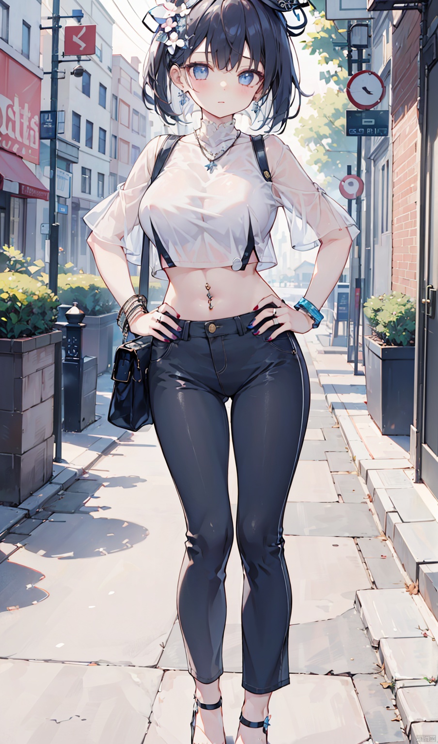 1girl, solo, breasts, bangs, large breasts, shirt, black hair, hair ornament, hat, navel, jewelry, standing, full body, flower, earrings, outdoors, midriff, pants, hair flower, necklace, bag, nail polish, blurry, bracelet, crop top, see-through, hand on hip, white headwear, sandals, ring, toenails, city, toenail polish, road, navel piercing, street