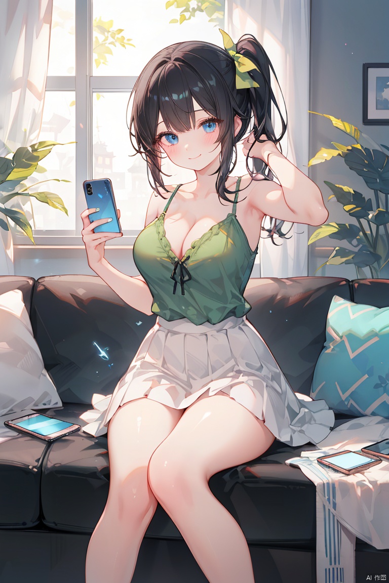 1girl, solo, long hair, breasts, looking at viewer, blush, smile, bangs, blue eyes, skirt, large breasts, shirt, black hair, holding, cleavage, bare shoulders, closed mouth, thighs, sleeveless, indoors, bag, side ponytail, bare arms, phone, table, white skirt, cellphone, curtains, couch, smartphone, camisole, holding phone, green shirt, selfie