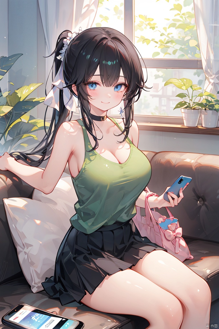 1girl, solo, long hair, breasts, looking at viewer, blush, smile, bangs, blue eyes, skirt, large breasts, shirt, black hair, holding, cleavage, bare shoulders, closed mouth, thighs, sleeveless, indoors, bag, side ponytail, bare arms, phone, table, white skirt, cellphone, curtains, couch, smartphone, camisole, holding phone, green shirt, selfie