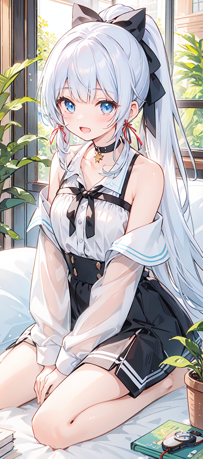 1girl, solo, long hair, looking at viewer, blush, open mouth, bangs, blue eyes, shirt, long sleeves, ribbon, holding, bare shoulders, sitting, very long hair, collarbone, hair ribbon, white shirt, ponytail, white hair, sidelocks, shorts, choker, indoors, blunt bangs, off shoulder, pillow, book, window,  black choker, wariza, high ponytail, plant, curtains, tress ribbon, white shorts, potted plant, controller, game controller, holding controller, holding game controller, kamisato ayaka