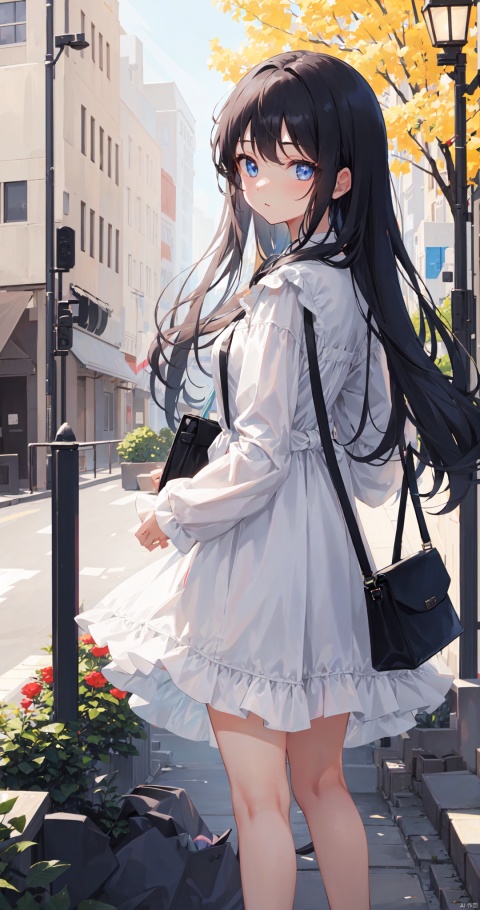 1girl, solo, long hair, looking at viewer, bangs, blue eyes, black hair, long sleeves, dress, holding, standing, flower, outdoors, bag, white dress, blurry, tree, handbag