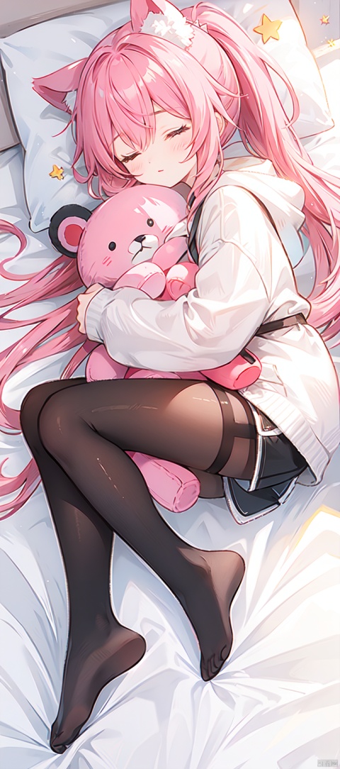 1girl, solo, long hair, bangs, long sleeves, animal ears, closed eyes, ponytail, pink hair, pantyhose, lying, wings, shorts, virtual youtuber, hood, pillow, short shorts, bed, hoodie, on bed, halo, on side, black shorts, stuffed toy, sleeping, stuffed animal, hood down, white pantyhose, object hug, white wings, white hoodie