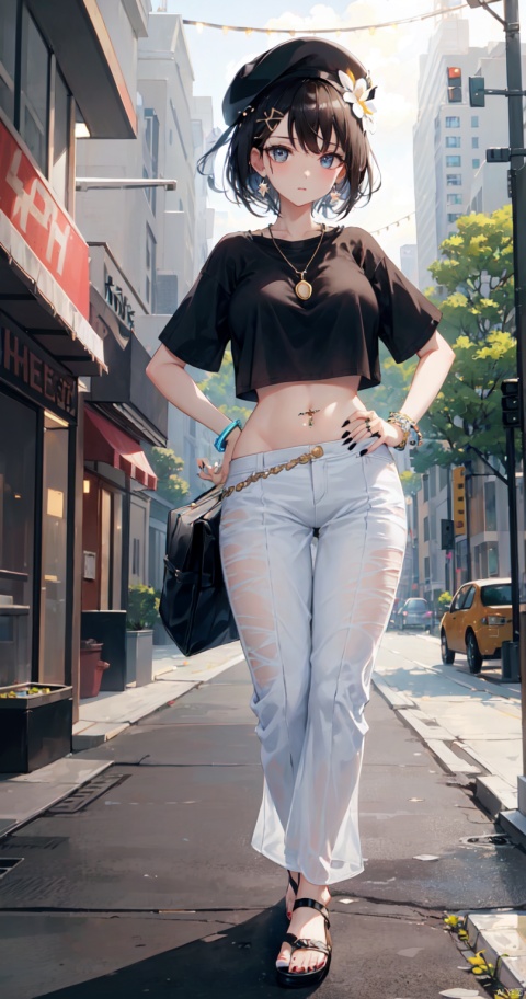 1girl, solo, breasts, bangs, large breasts, shirt, black hair, hair ornament, hat, navel, jewelry, standing, full body, flower, earrings, outdoors, midriff, pants, hair flower, necklace, bag, nail polish, blurry, bracelet, crop top, see-through, hand on hip, white headwear, sandals, ring, toenails, city, toenail polish, road, navel piercing, street