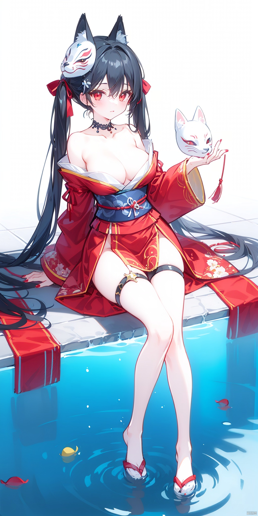 1girl, solo, long hair, breasts, looking at viewer, bangs, black hair, red eyes, long sleeves, dress, bow, holding, cleavage, hair between eyes, bare shoulders, twintails, medium breasts, very long hair, full body, detached sleeves, japanese clothes, water, sash, bare legs, thigh strap, mask, obi, red dress, pink dress, red nails, fish, string, fox mask, ripples, string of fate, holding mask