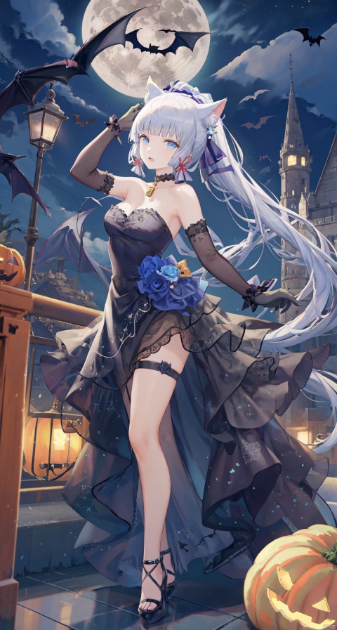 1girl, solo, long hair, breasts, looking at viewer, open mouth, bangs, blue eyes, gloves, dress, animal ears, bare shoulders, hair ribbon, ponytail, white hair, sidelocks, sky, choker, black gloves, cat ears, blunt bangs, black footwear, black dress, high heels, strapless, bell, thigh strap, night, fake animal ears, moon, night sky, neck bell, full moon, halloween, paw pose, halloween costume, bat \(animal\), kamisato ayaka