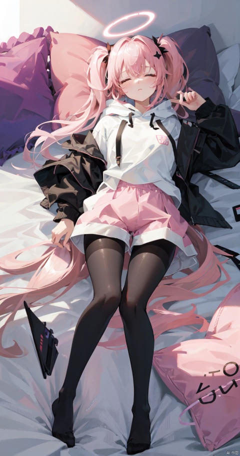 1girl, solo, long hair, bangs, long sleeves, animal ears, closed eyes, ponytail, pink hair, pantyhose, lying, wings, shorts, virtual youtuber, hood, pillow, short shorts, bed, hoodie, on bed, halo, on side, black shorts, stuffed toy, sleeping, stuffed animal, hood down, white pantyhose, object hug, white wings, white hoodie