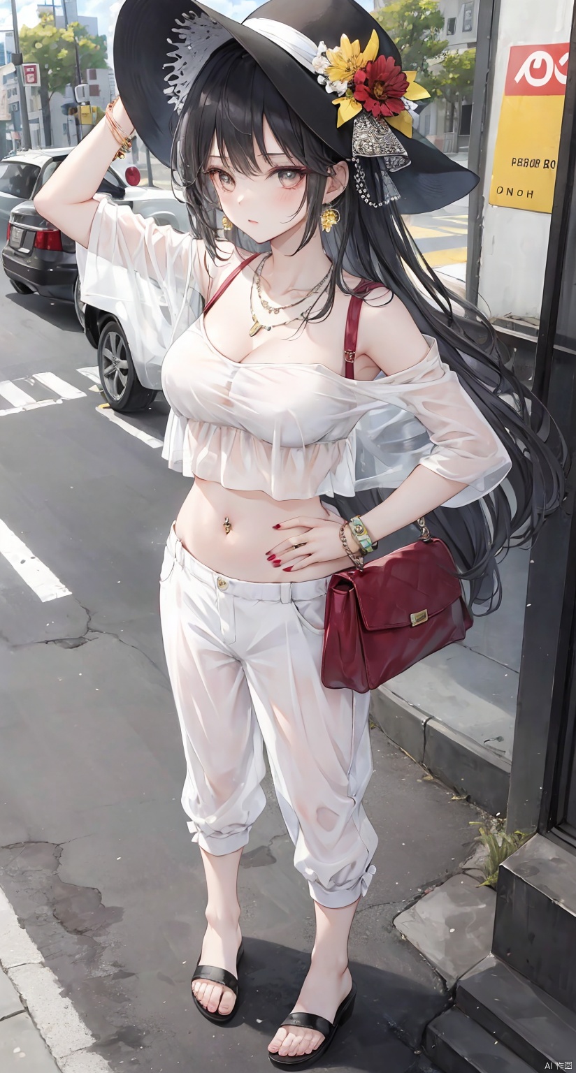 1girl, solo, breasts, bangs, large breasts, shirt, black hair, hair ornament, hat, navel, jewelry, standing, full body, flower, earrings, outdoors, midriff, pants, hair flower, necklace, bag, nail polish, blurry, bracelet, crop top, see-through, hand on hip, white headwear, sandals, ring, toenails, city, toenail polish, road, navel piercing, street