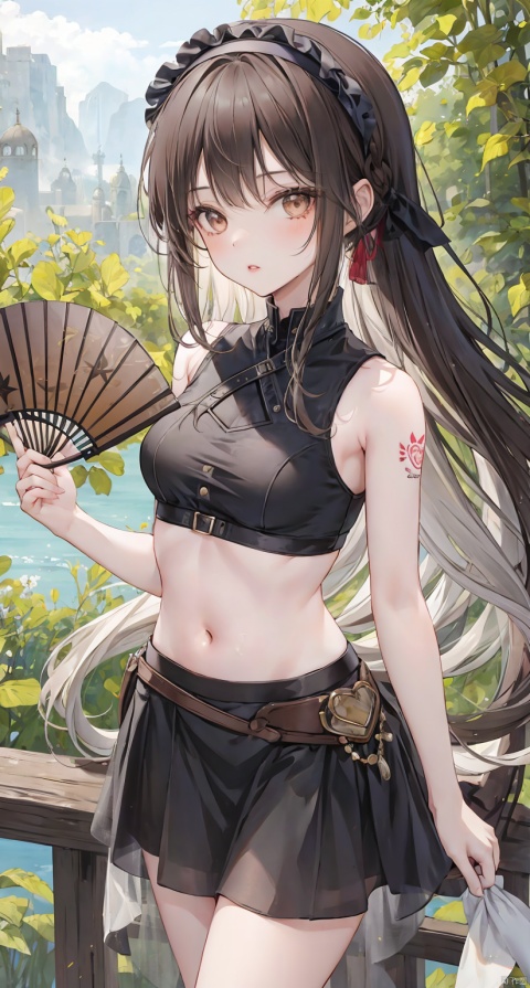 1girl, solo, long hair, breasts, looking at viewer, skirt, brown hair, black hair, navel, holding, brown eyes, cowboy shot, hairband, outdoors, parted lips, sleeveless, midriff, artist name, black skirt, lips, crop top, see-through, tattoo, hand fan, pencil skirt, folding fan, holding fan