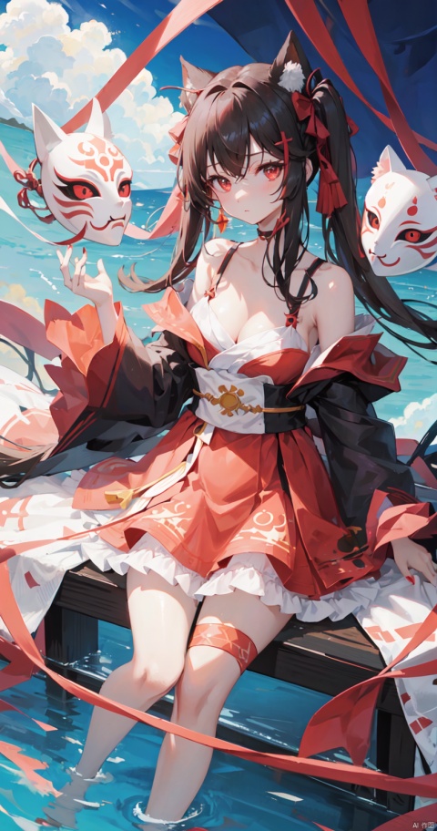 1girl, solo, long hair, breasts, looking at viewer, bangs, black hair, red eyes, long sleeves, dress, bow, holding, cleavage, hair between eyes, bare shoulders, twintails, medium breasts, very long hair, full body, detached sleeves, japanese clothes, water, sash, bare legs, thigh strap, mask, obi, red dress, pink dress, red nails, fish, string, fox mask, ripples, string of fate, holding mask