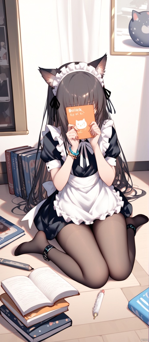 1girl, solo, long hair, black hair, dress, ribbon, holding, animal ears, jewelry, sitting, full body, short sleeves, pantyhose, indoors, cat ears, apron, bracelet, feet, book, black pantyhose, maid, maid headdress, toes, wariza, no shoes, soles, maid apron, holding book, on floor, covering face