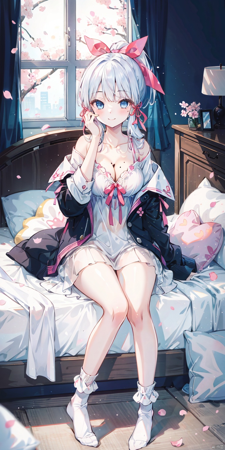 1girl, solo, long hair, breasts, looking at viewer, blush, smile, bangs, blue eyes, large breasts, shirt, long sleeves, ribbon, cleavage, bare shoulders, sitting, collarbone, full body, hair ribbon, white shirt, ponytail, white hair, sidelocks, thighs, open clothes, alternate costume, socks, indoors, blunt bangs, off shoulder, mole, pillow, mole under eye, window, on bed, no shoes, white socks, cherry blossoms, hand on own face, pink ribbon, tress ribbon, kamisato ayaka,