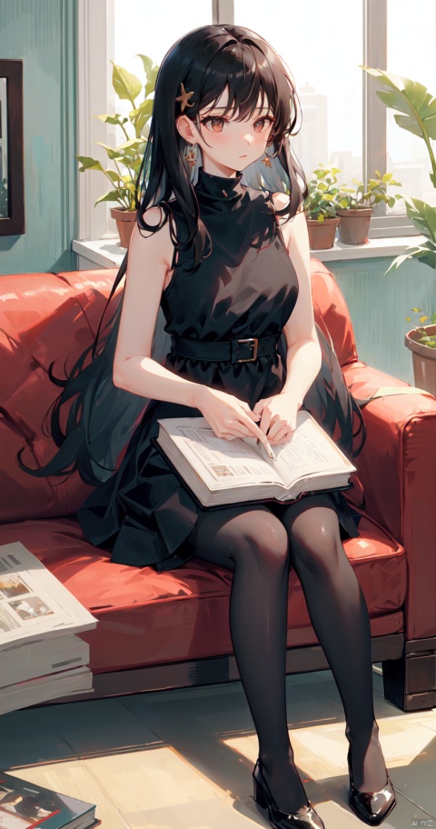 1girl, solo, long hair, breasts, bangs, black hair, hair ornament, dress, holding, bare shoulders, brown eyes, jewelry, sitting, closed mouth, pantyhose, earrings, parted lips, sleeveless, indoors, medium hair, black dress, lips, looking to the side, book, black pantyhose, bare arms, sleeveless dress, looking away, plant, couch, potted plant, on couch