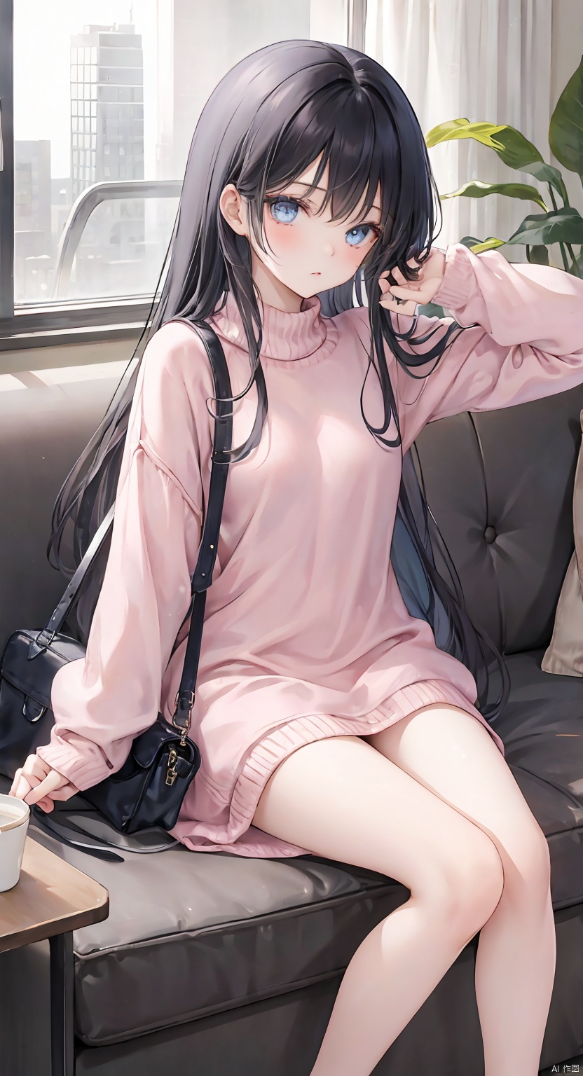 1girl, solo, long hair, looking at viewer, bangs, blue eyes, black hair, long sleeves, dress, holding, standing, day, indoors, bag, arm up, sweater, sleeves past wrists, bare legs, window, phone, leg up, sandals, standing on one leg, cellphone, curtains, couch, smartphone, holding phone, handbag, shoulder bag, sweater dress, pink sweater,Sweet, beautiful, charming, cute, very cute, super cute.