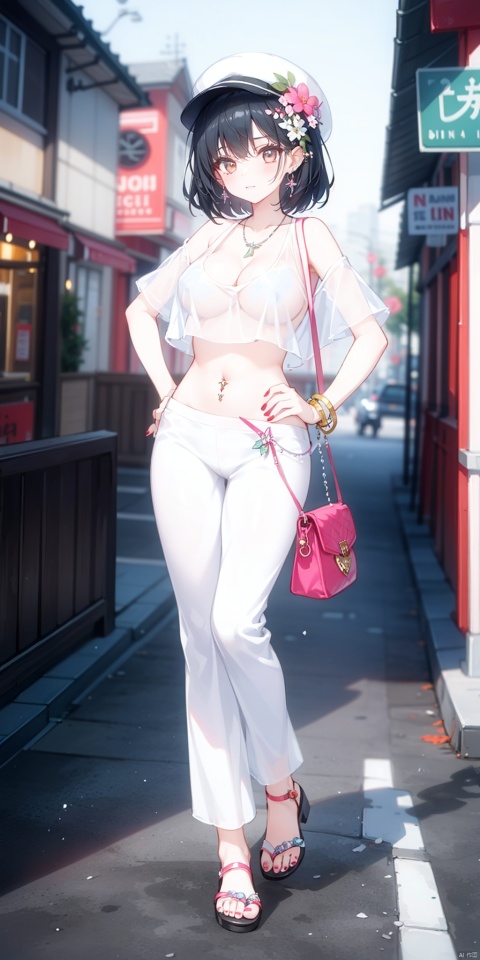 1girl, solo, breasts, bangs, large breasts, shirt, black hair, hair ornament, hat, navel, jewelry, standing, full body, flower, earrings, outdoors, midriff, pants, hair flower, necklace, bag, nail polish, blurry, bracelet, crop top, see-through, hand on hip, white headwear, sandals, ring, toenails, city, toenail polish, road, navel piercing, street