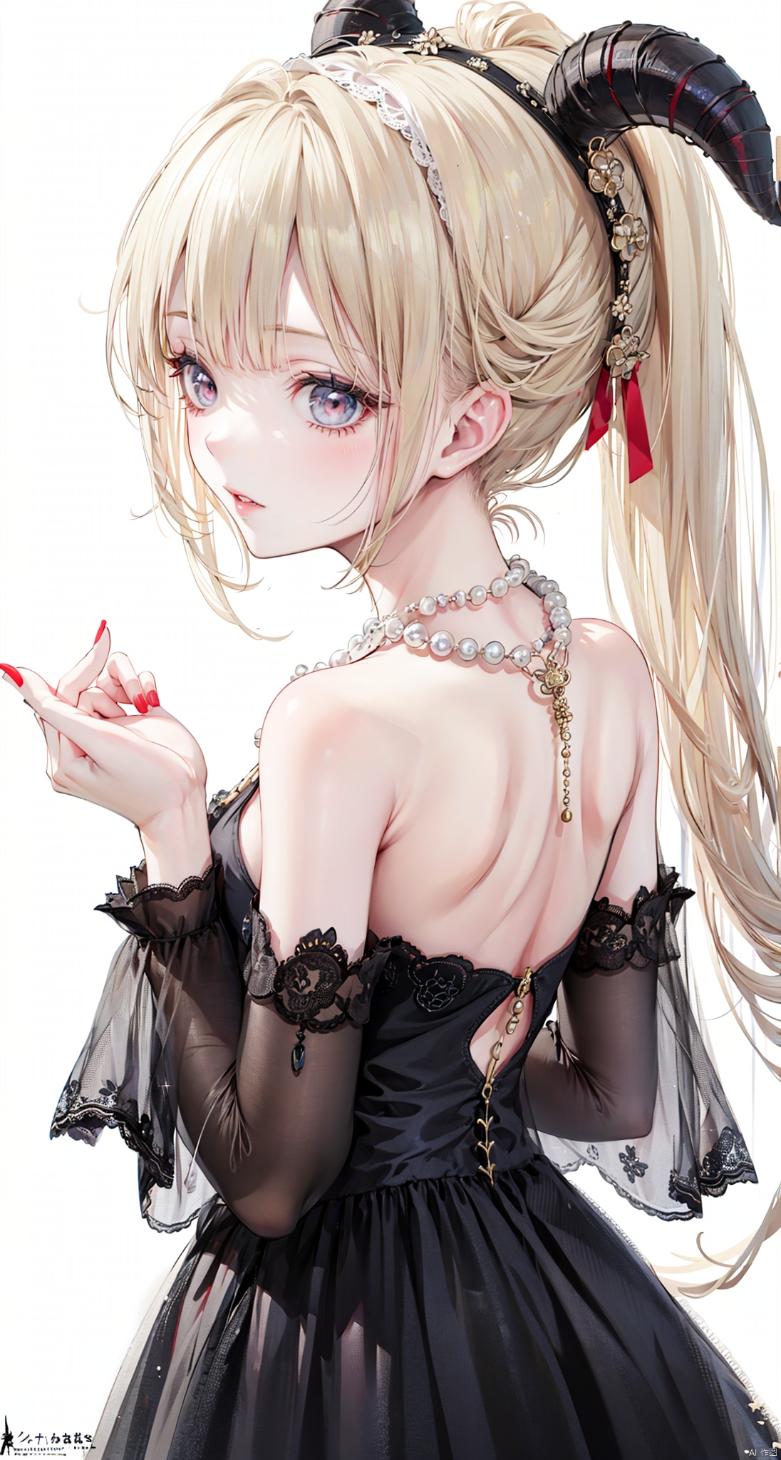 1girl, solo, long hair, blonde hair, simple background, white background, dress, bare shoulders, jewelry,  ponytail, hairband, horns, artist name, necklace, from behind, nail polish, lips, back, red nails, pearl necklace