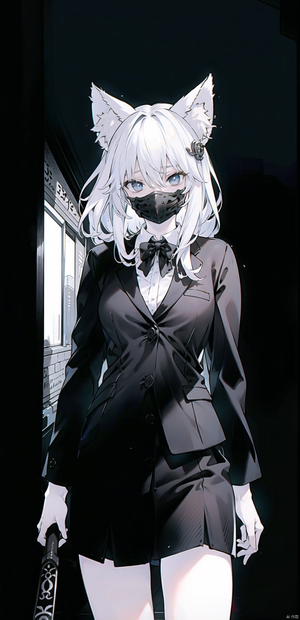 cyberpunk cityscape, a girl dressed in an elegant black suit, who has the( mask of a kitsunes blak_red:1.4), holding a baseball bat on his shoulder, with black leather gloves, 8k quality, in a medium shot on a background of a night city. digital art and illustration by greg rutkowski, trending pixiv, award winning cinematic dramatic lighting closeup portrait studio photography hyperrealistic very detailed 4K HDR volumetric lightrays octane render ultra, greyscale, , neon lights, dark alleys, skyscrapers, futuristic, vibrant colors, high contrast, highly detailed,tamamo (fate),fox girl,
medium breasts,(cowboy shot),(nsfw:0.9)


 Highest picture quality, masterpiece, exquisite CG, exquisite and complicated hair accessories, big watery eyes, highlights, natural light, Super realistic, cinematic lighting texture, absolutely beautiful, 3D max, vray, c4d, ue5, corona rendering, redshift, octane rendering, （Show whole body）, （all body）,