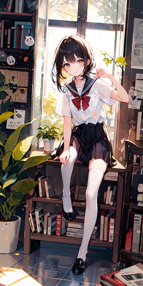 1girl, solo, long hair, looking at viewer, bangs, skirt, shirt, black hair, thighhighs, holding, brown eyes, sitting, closed mouth, school uniform, full body, white shirt, short sleeves, day, indoors, black skirt, star \(symbol\), white thighhighs, book, window, mask, chair, no shoes, stuffed toy, table, sunlight, plant, desk, knee up, brown skirt, bookshelf, potted plant, lamp, blinds