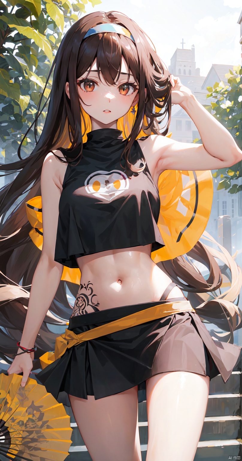 1girl, solo, long hair, breasts, looking at viewer, skirt, brown hair, black hair, navel, holding, brown eyes, cowboy shot, hairband, outdoors, parted lips, sleeveless, midriff, artist name, black skirt, lips, crop top, see-through, tattoo, hand fan, pencil skirt, folding fan, holding fan